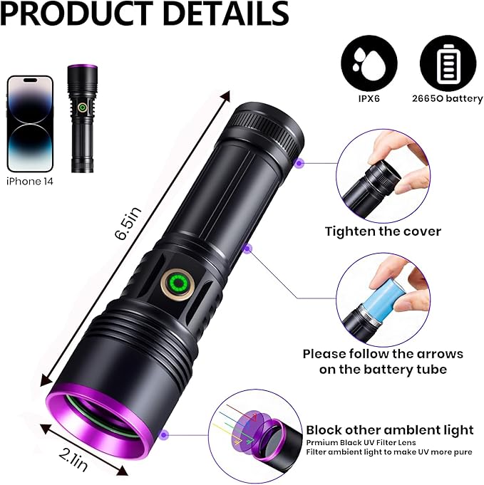 20W 365nm UV Flashlight USB Rechargeable UV Lamp High Power Black Light Flashlight for Pet Urine Testing, Resin Curing, Minerals, GERG0