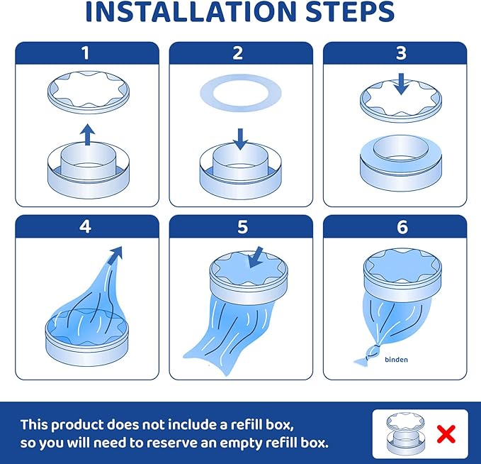 6er-Pack Refill Bags, Cat Litter Refill Bags, Diaper Refills,With Excellent Sealing and Toughness, The Refill Bag is Compatible With all Diaper Pails and Cat Litter Disposal Pails