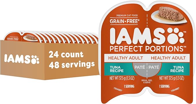 IAMS Perfect Portions Sensitive Digestion & Skin Wet Cat Food Pate, Healthy Adult Grain Free Pate, Tuna Recipe, 2.6 Oz. (24 Twin Packs)
