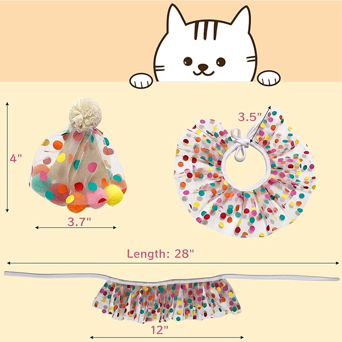Cute Pet Birthday Costume Bandana Scarf Bib and Hat Set for Cat and Dog, Cat Dog Birthday Decorations Outfits (Polka Dot)