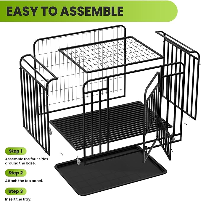 36.4×25×32.6 in Heavy Duty Dog Crate, Alloy Steel Material Dog Kennel, with 3 Doors 4 Lockable Wheels 1 Removable Trays, Dog Cage Kennel for Small to Medium Dogs (36 in)
