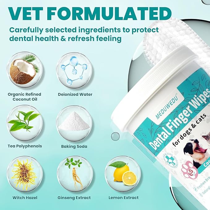 Dental Care Finger Wipes 60 Counts,Teeth Cleaning Finger Wipes for Dogs & Cats,Reduces Plaque & Freshens Breath, Mint Scent