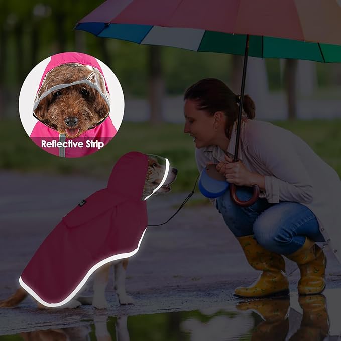 Lukovee Dog Raincoat, Adjustable Dog Rain Jacket with Clear Hooded Double Layer for Large Medium Small Dogs Puppies, Waterproof Rain Coat Poncho with Reflective Storage Pocket & Rim (Fuchsia, L)
