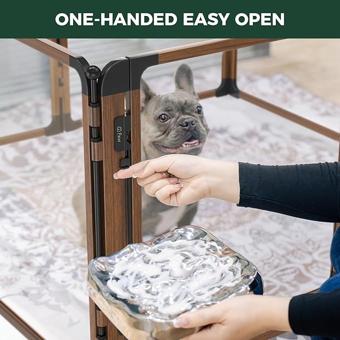 FXW AuraSpace Pro Metal & Acrylic Indoor Dog Playpen, All-Acrylic Clear Heavy-Duty Design, 24" Height 6 Panels for Puppies & Small Dogs,Walnut│Patented