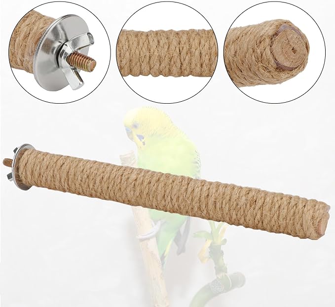 Hypeety Bird Perch Stand Natural Wood Parrot Hemp Rope Perch Birdcage Accessories Perch Standing Toy for Bird Parrot Macaw Cockatoo African Greys Budgies Parakeet 2Pcs (20cm/7.87in)