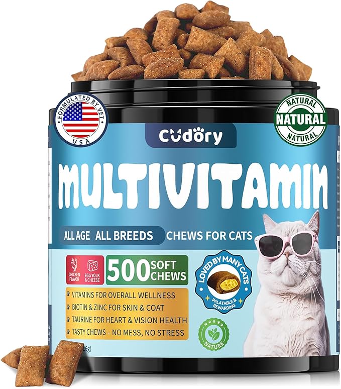 Taurine for Cats Vitamins Treats Snacks – Cat Multivitamin 500 Crunchy & Creamy Chews – Supports Immune, Joints, Digestion, Skin & Coat – Daily Healthy Supplement for Cats of All Ages (90-Day Supply)
