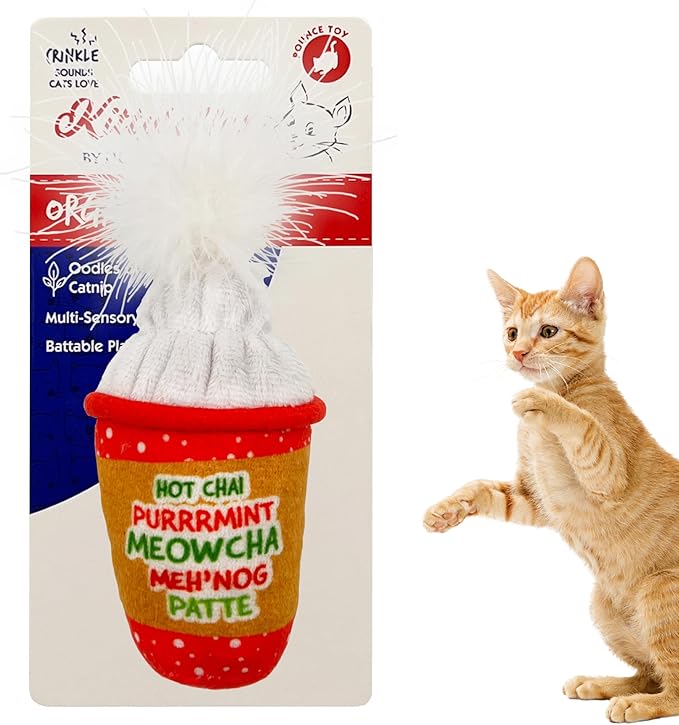 Huxley & Kent Plush Cat Toy - Holiday Interactive Catnip Toy for Cats & Kittens - Soft with Crinkle & Catnip - Fun Indoor Play - Latte My Way