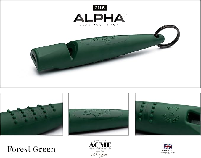 ACME Alpha 211.5 Professional Dog Training Whistle with Enhanced Ergonomic Grip. BPA-Free Plastic. 110 dBA. Long Range. Standardized Frequency. Weatherproof. Made in The UK (Forest Green)