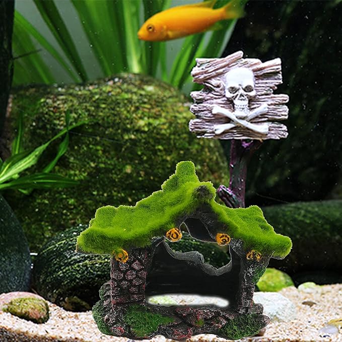 Tfwadmx Aquarium Decoration House Resin Hollow Betta Hideout House Fish Hide Tank Terrarium Accessories Cave Ornament for Small Shrimp Hideaway with Moss（2Pcs）