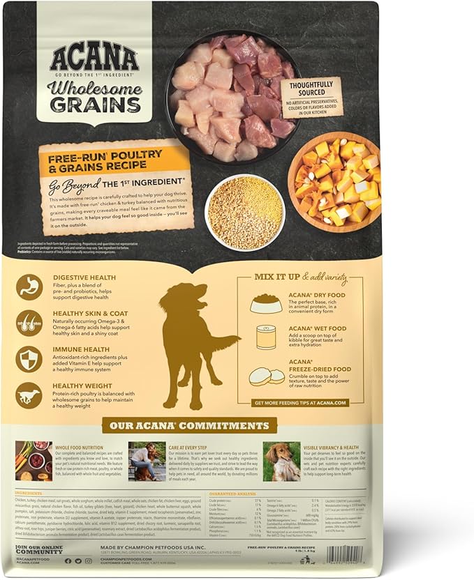 ACANA Wholesome Grains Dry Dog Food Free-Run Poultry & Grains Recipe with Cage-Free Eggs 4lb Bag
