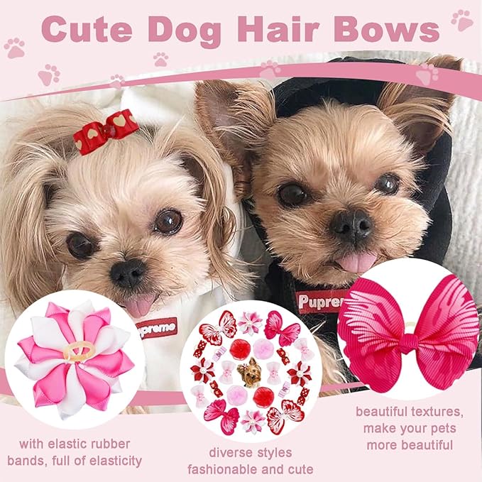 22 Pieces Cute Dog Hair Bows with Elastic Rubber Bands, Small Puppy Hair Accessories with Butterfly Flower Pearls Double Bow for Pets Dogs Cats Hair Grooming for Valentine's Day New Year(Red and Pink)