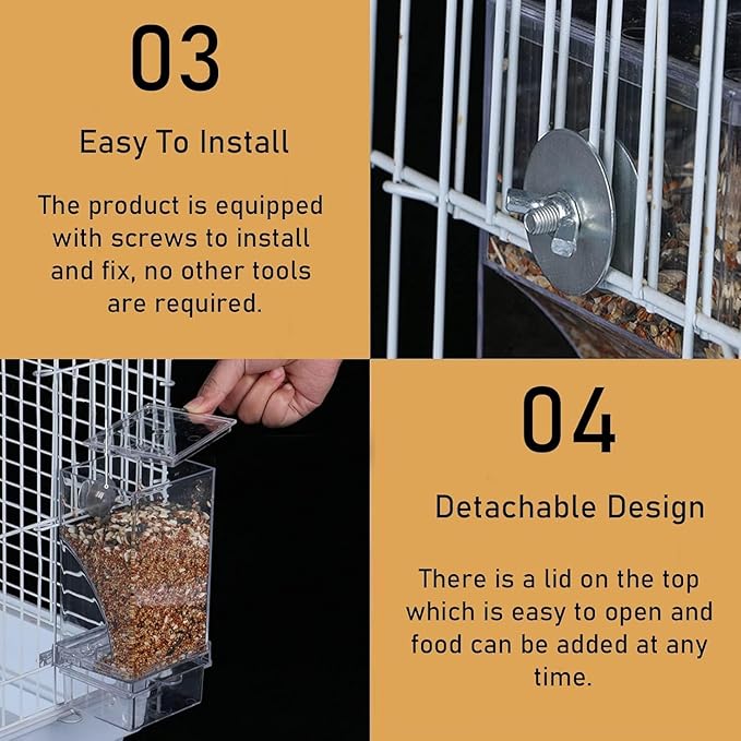 2Pcs Automatic Bird Feeder for Cage No Mess Parakeet Feeder Seed Food Container Feeding Station Cage Accessories for Small Birds Parrot Cockatiel Canary Lovebirds