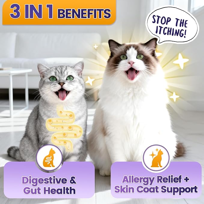 Cat Allergy Relief for Cats with Probiotics & Fish Oil - 500 Crunchy & Creamy Chews for Itchy Skin, Seasonal Allergies, Immune, Skin & Coat Support - with Omega 3 for All Breeds & Ages - Krill Flavor