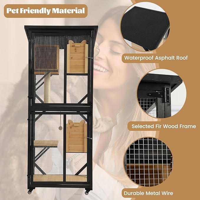 TITIMO 71" Catio Cat Enclosure Window, Large Outdoor/Indoor Cat House for Multiple Cats, Wooden Kitty Condo W/Waterproof Roof, Platforms, Resting Box, Scratching Post, Sisal Ball, Wheels (Black)
