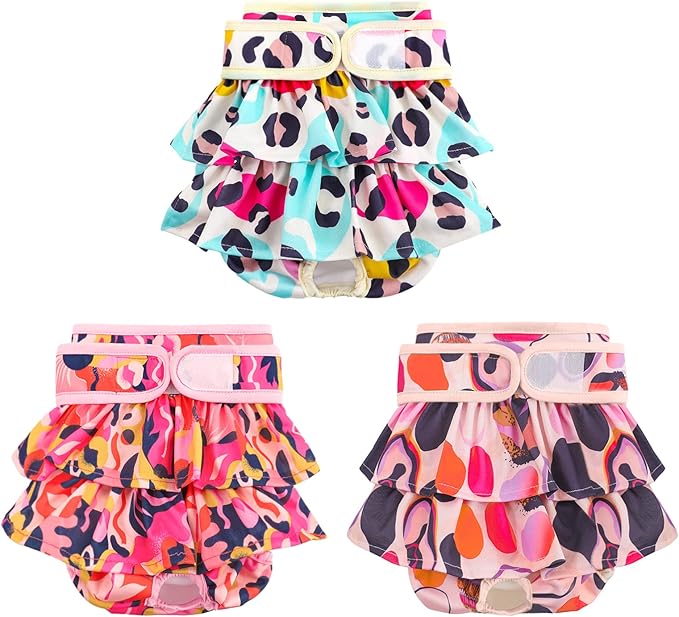 Washable Dog Diapers Female 3 Pack Reusable Premium Highly Absorbent Doggie Diapers, Flexible Puppy Diapers, Durable Leak-Proof Leopard Dog Diapers for Period Heat Incontinence Puppy Training, S