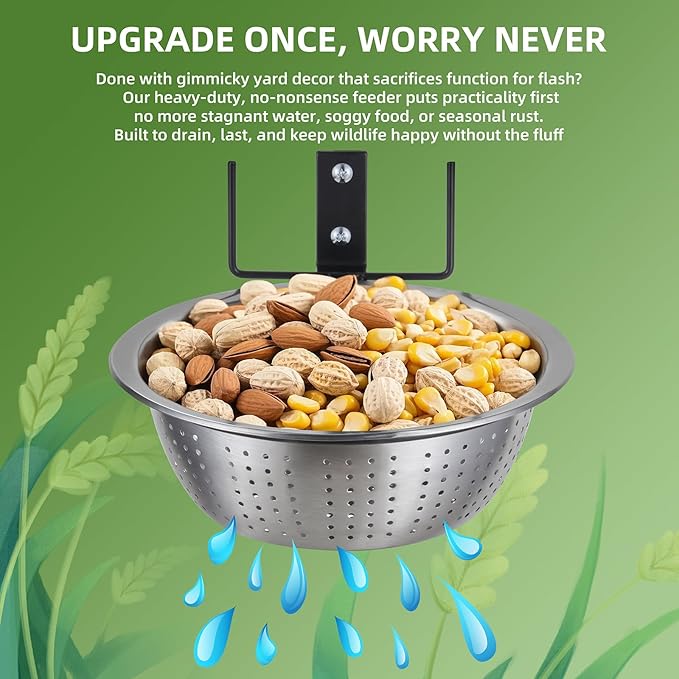 2 Pack 8.5"/1.4L Squirrel & Bird Feeder Combo - 1 Metal Food Bowl with Colander System + 1 Water/Bath/Swim Tray | Tree/Fence Mounted Perfect for Outside | Removable Easy Clean Wildlife Delight
