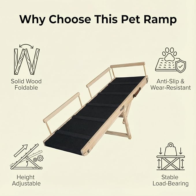 Wooden Pet Ramp for Bed, Foldable Dog Ramp with Removable Side Rails, Lightweight Ramp for Dogs for Large Dogs Senior Cats, Supports up to 100 lbs for Easy Access to Bed or Car (Large)