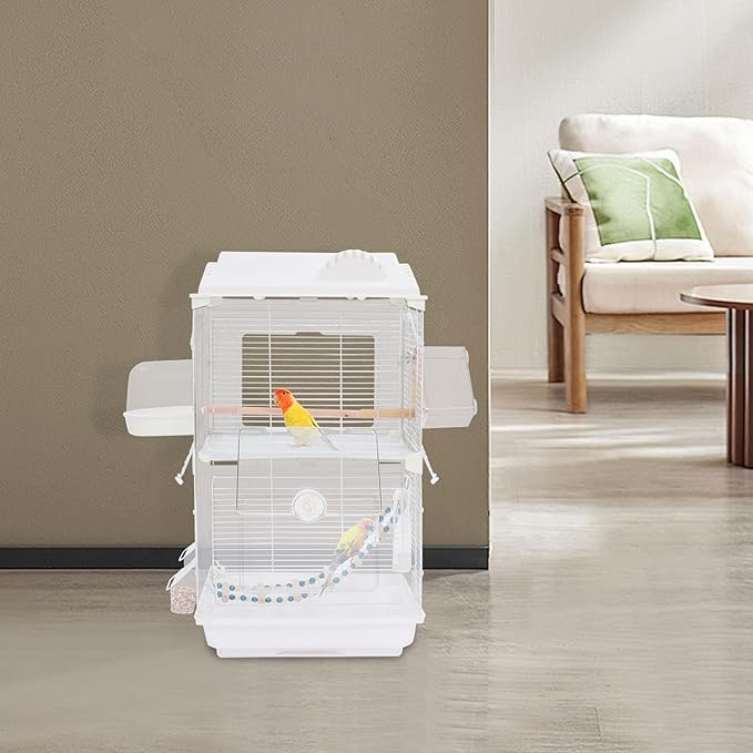 2-Tier Bird Cage 28 Inch Large Birdcage with Roof Features and Rolling Stand Birds Amusement Park for Parrots Cockatiels Budgie Conures Lovebirds