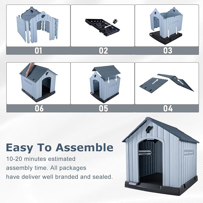 LEMBERI Plastic Dog House for Medium Dogs, Durable Waterproof Indoor Outdoor Doghouse with Air Vents and Elevated Floor, Easy to Assemble (Gray, 33.5" L x 31.5" W x 33.9" H)