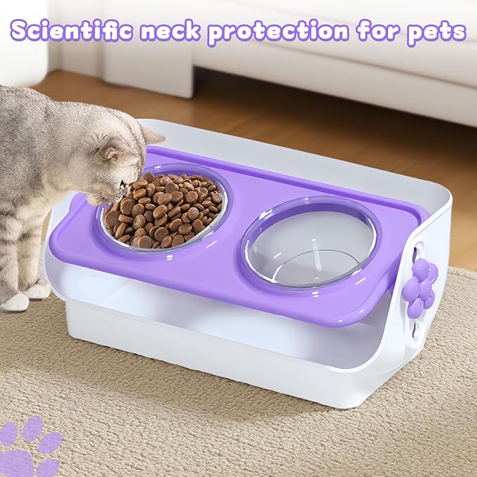 Cat and Dog Pet Double Bowl, Anti-Spill Pet Bowl, Height-Adjustable Pet Food/Water Bowl, Non-Slip, Anti-Tip, Neck Protection Pet Bowl - (Purple)