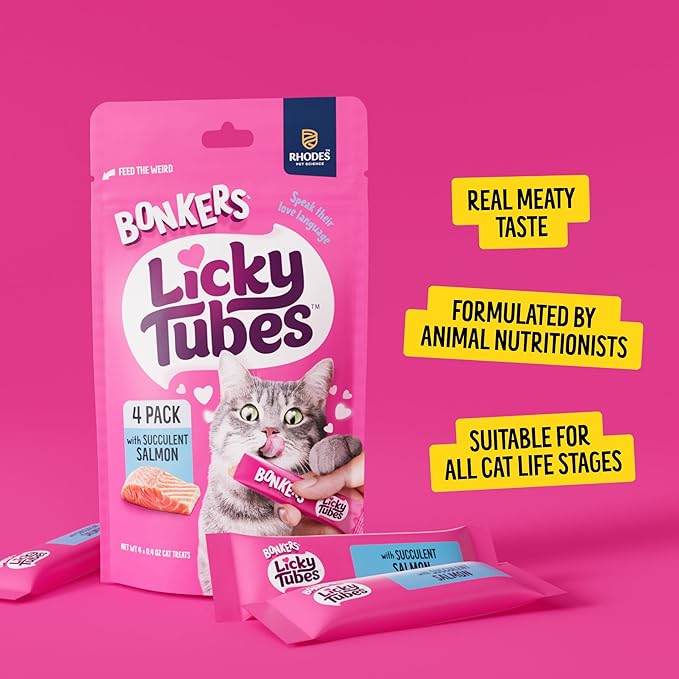 Bonkers Licky Tubes, Wet Lickable Succulent Salmon Flavor Cat Treats, Real Meat, Training or Food Topper, for All Breeds and Ages, Value Pack (15 Pack, 60 Tubes) - Product Package May Vary