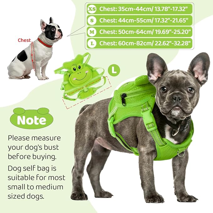 Dog Harness with Backpack, Adjustable Dog Backpack Harness for Small Medium Dogs, No-Pull Breathable Backpacks for Dogs to Wear, for Traveling, Hiking, Camping, Training, Green Frog L