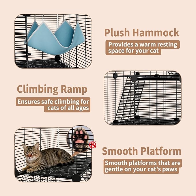Large Cat Cage Indoor: Enclosed Cat Enclosure DIY Pet Playpen Detachable Metal Wire Kennel Sturdy Crate with Hammock for Cats Kitten