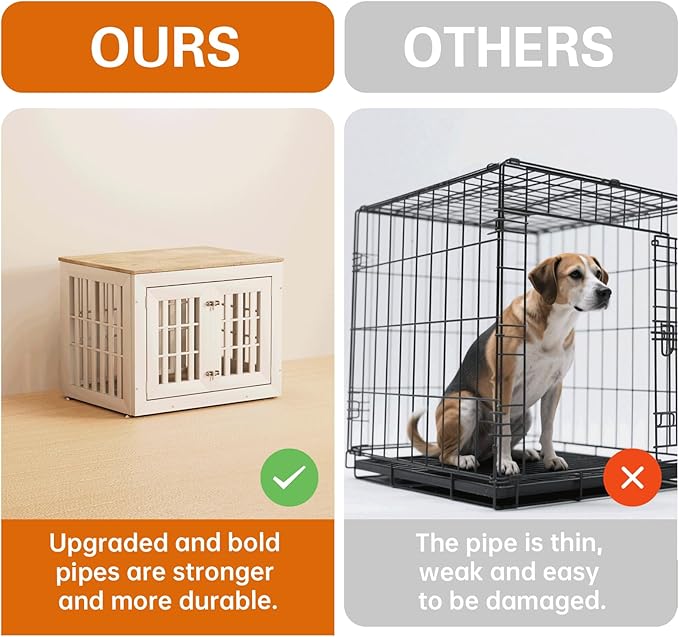 32" Heavy Duty Dog Crate Furniture for Small,Medium and Large Dogs,Rustic Wooden Dog Cage Kennel Indoor Furniture with Waterproof Top,Decorative Pet House Side End Table (White & Wood)