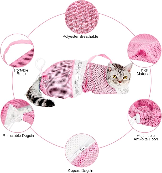 Cat Bathing Bag Adjustable Cat Grooming Net Bag Anti-bite & Anti-Scratch Cat Bath Washing Restraint Bag, Breathable Mesh Cat Grooming Bag for Shower, Nail Trimming, Injection (A-Pink)