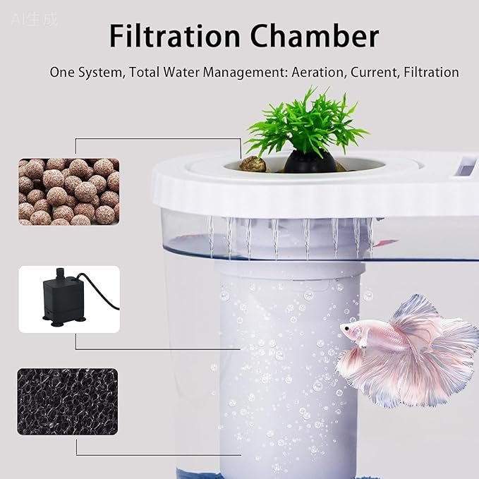 2.2 Gallon Fish Tank Kits,Small Aquarium Starter Kit,Nano Desktop Tank with Quiet Filter, Lid,Color-Changing Light&Decor for Betta Shrimp Guppy Jellyfish Goldfish Beta(12.6 * 7 * 5.6 Inch)