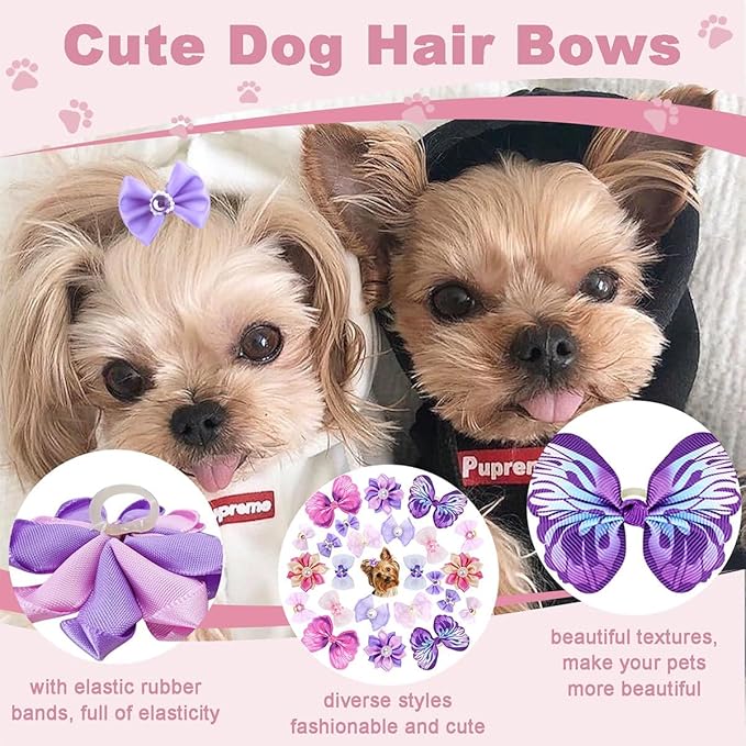 22 Pieces Cute Dog Hair Bows with Elastic Rubber Bands, Small Puppy Hair Accessories with Butterfly Flower Pearls Double Bow Elegant style for Pets Dogs Cats Hair Grooming (Purple and Pink)
