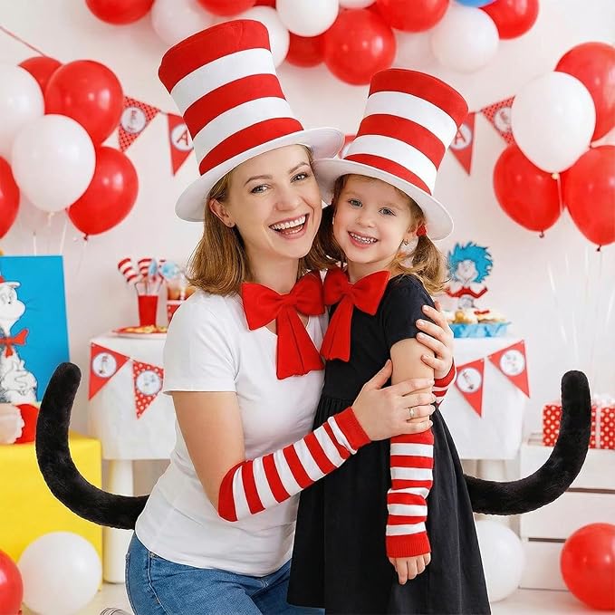 4 Pcs Cat Costume with Red and White Stovepipe Hat Bow Tie Gloves Tail Fit World Book Day Halloween Cosplay Party Costume Accessories