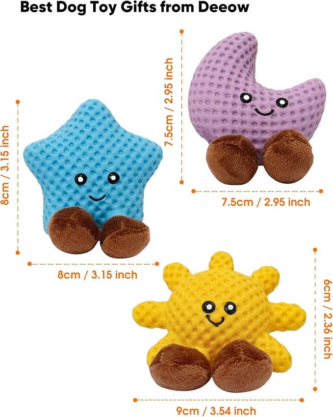 Deeow 3-in-1 Dog Toys Set: Star, Moon & Sun Plush Squeaky Pet Toys, Super Soft for Calming Play Enrichment, Best for Puppies, Small Medium Dogs with Anxiety, Dog & Cat Interactive Pet Gift
