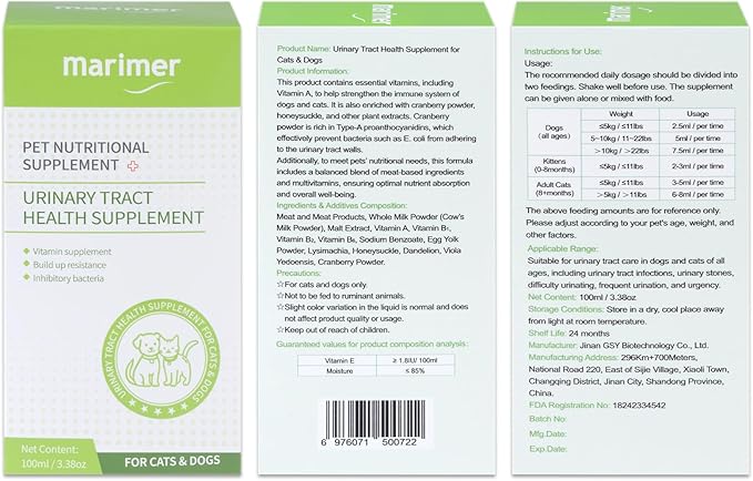 Urinary Health Liquid Supplement for Cats for Dogs – Cranberry, Herbal Extracts & Vitamins – Supports Urinary Tract, Reduces Infections & Stones – All Life Stages, 3.38oz (100ml)