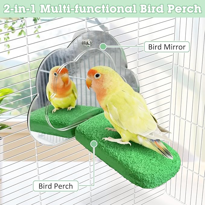 PINVNBY 2 PCS Bird Mirror with Perch Resin Parakeet Perches Hanging Parrot Toys Interactive Bird Cage Accessories for Cockatiel Conure Lovebird Finch (Green)