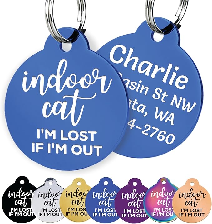 GoTags Personalized Small Indoor Cat Tag - Engraved with 4 Lines of Custom ID, Blue Stainless Steel Round Pet ID Tag
