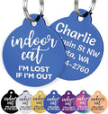 GoTags Personalized Small Indoor Cat Tag - Engraved with 4 Lines of Custom ID, Blue Stainless Steel Round Pet ID Tag