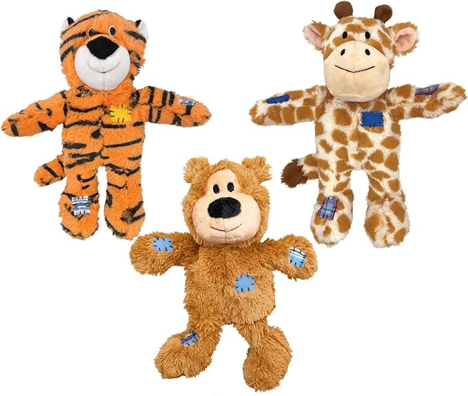 KONG Wild Knots Dog Toys 3 Pack – Bear, Giraffe & Tiger – Durable Plush Toys with Internal Knotted Rope & Squeaker – Soft Outside, Tough Inside – Ideal for Tugging & Chewing (Medium/Large)