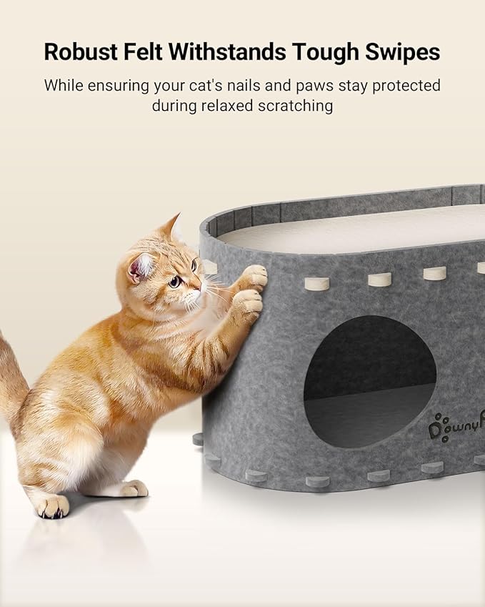 DownyPaws Cat House for Indoor Cats, Cat Bed Cave for Multiple & Large Cats Up to 22 Lbs, Scratch Resistant, Foldable Peekaboo Kitten Caves Tunnel Enclosed Bed, PeekaPurr, Light Gray