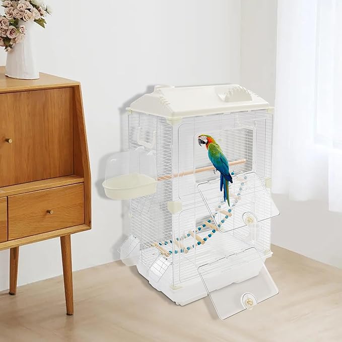 Two-Tier Bird Cage, 30 Inch Pigeons Parrot Birdcage with Safe Rotary Door Lock, White Parakeet Cage for Small to Medium Birds, Easy Access Double Doors. (B)