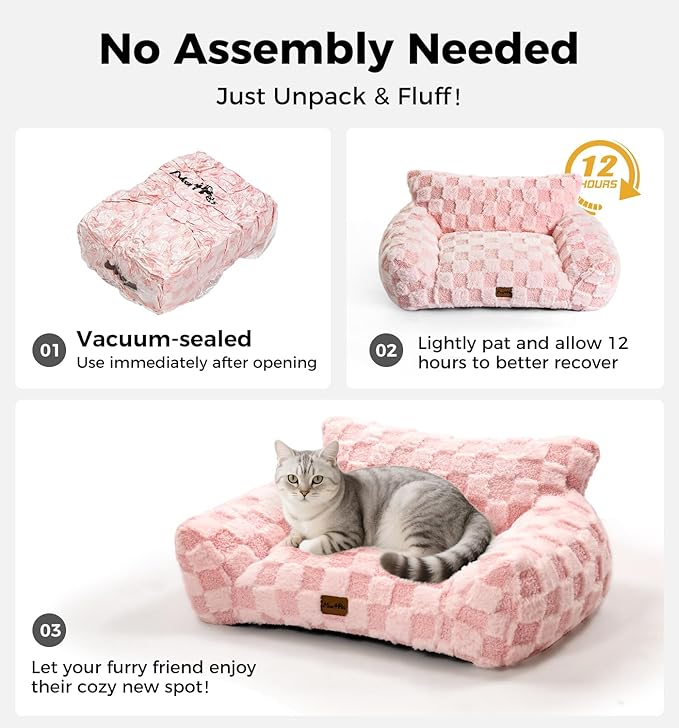 Made4Pets Cat and Dog Indoor Couch Bed, Soft Faux Fur Checkered Pet Sofa, Cozy Fluffy Pet Sofa with Supportive Foam, Removable Washable Cover with Non-Slip Base, Pink, Medium