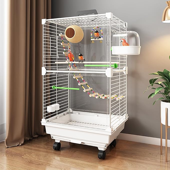 Bird Cage,Large Parrot Cage with Acrylic Doors, 3-Tier Movable Birdcage Parakeet Cage w/Wheels, 360° View Spacious Interactive Bird House (White, with breeding Box)