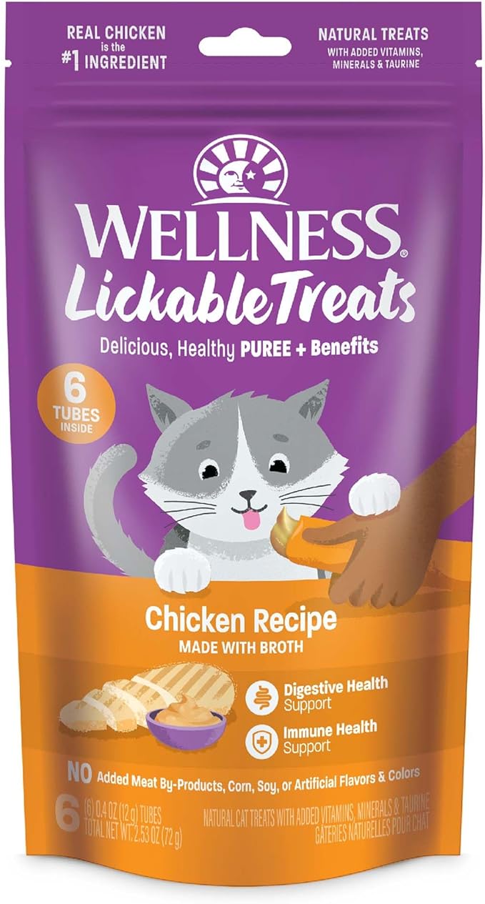 Wellness Lickable Treats Soft Puree Natural Grain Free Adult Cat Treats, Chicken Recipe, Contains 6-0.4 Ounce Squeezable Tubes