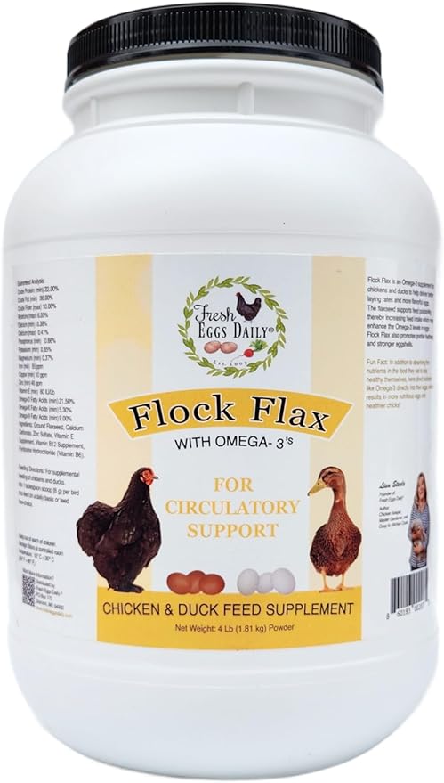 Fresh Eggs Daily Flock Flax – Natural Flaxseed Supplement for Chickens & Ducks – Enhances Omega-3 Levels, Supports Feather Health, and Strengthens Eggshells – 4 lb