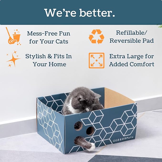 Extra Large Cardboard Cat Scratcher with 3 Refillable Double-Sided Scratch Pads, No‑Mess Cat Scratching Box for Indoor Cats
