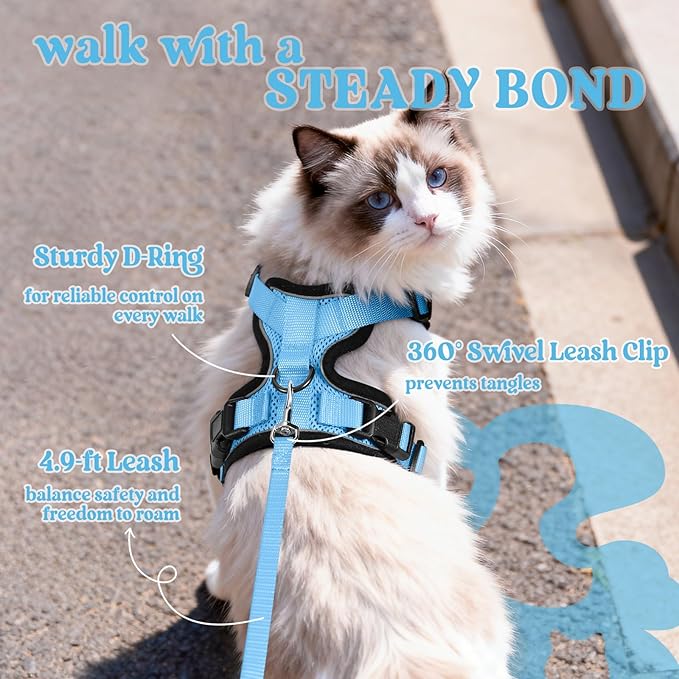 rabbitgoo Cat Harness and Leash for Walking, Escape Proof Soft Adjustable Vest Harnesses for Cats, Easy Control Breathable Reflective Strips Jacket, Light Blue, S