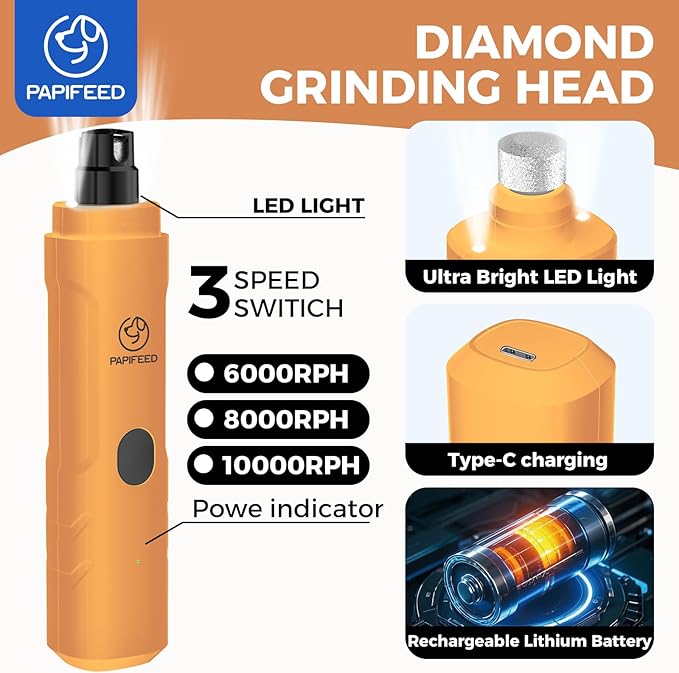 PAPIFFEED Dog Nail Clippers & Grinder with Manual Nail Clipper – Quiet 3-Speed Electric Dog Nail Trimmers with Dual LED, Rechargeable Pet Nail File for Dogs & Cats (Orange)