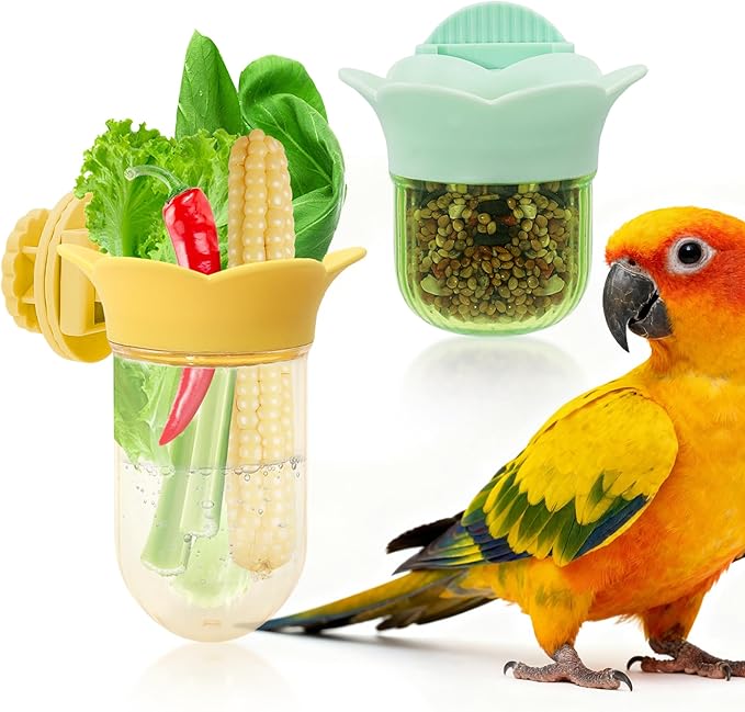 2Pcs Bird Cage Feeder for Vegetable & Water/Pellets, Parrot Veggies Holder with Water-Storage Design to Keep Greens Fresh, No Mess Hanging Bird Feeding Bowls, Separate Design for Balanced Nutrition