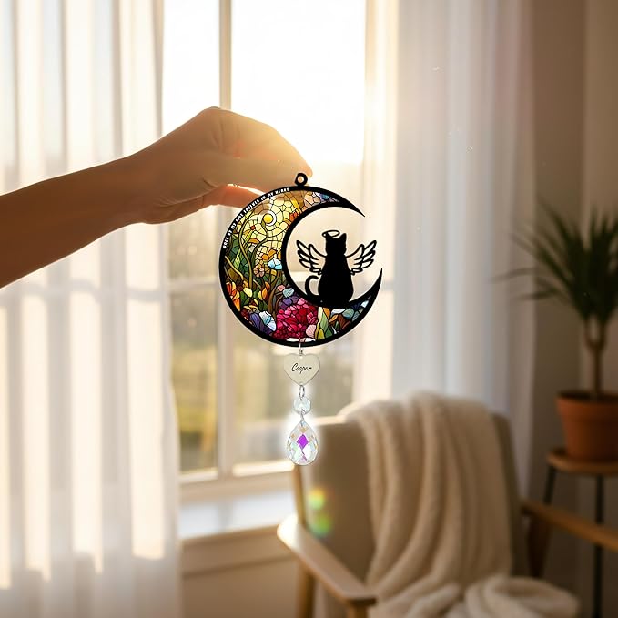 Cat Memorial Suncatcher for Windows Stained Glass,Pet Sympathy Gift to Memorialize The Loss,Unique Angel Cat Statue Suncatchers with Personalized Decorations
