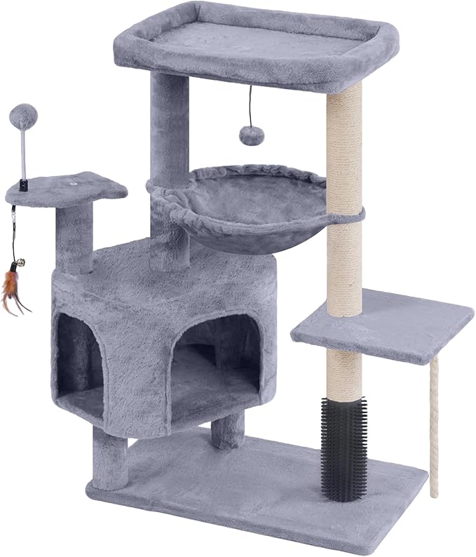 Cat Tree with Cat Condo and Hammock for Indoor Cats, Cat Tree with Self-Grooming Brush and Toy Balls,Cat Tower with Scratching Posts,Grey